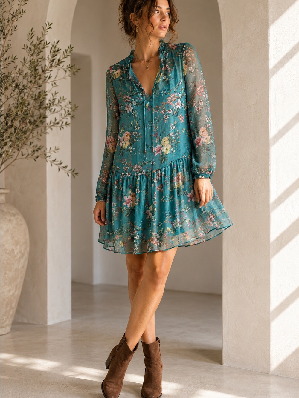Anthropologie Maeve Teal Floral Chiffon Ruffle Mini Dress Boho Romantic XS